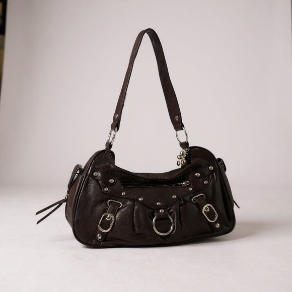 NWT Ampere Creations Vegan LeatherChocolate Brown Silver Gun metal Shoulder Bag - Picture 1 of 5